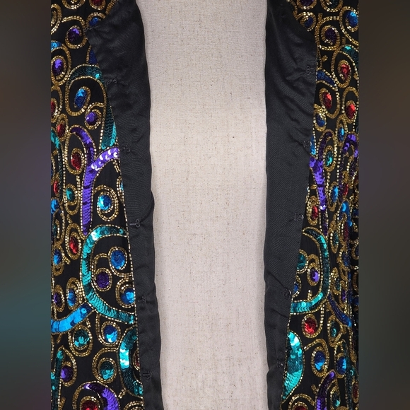 Vintage Laurence Kazar Silk Sequin Beaded Jacket Black Multicolor Size L - Picture 7 of 10
